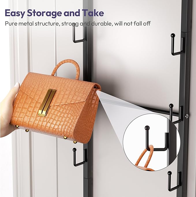 SWTYMIKI Over The Door Purse Organizer - Wall Mounted Purse Rack with 16 Hooks and Metal Basket, Hanging Handbag Storage Organizer Holds up to 16 Bags, Bag Rack Can Use As 1/2 Part, for Door, Closet