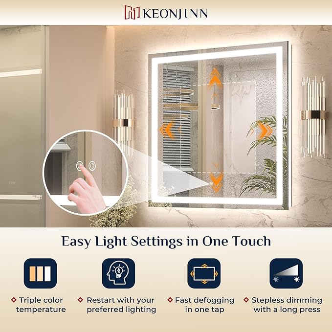 Keonjinn 30 x 36 Inch LED Bathroom Mirror with Lights, Vanity Mirror with Frontlit & Backlit, Dimmable 3-Color Temperature, Lighted Mirror with Anti-Fog, Tempered Glass(Horizontal/Vertical)