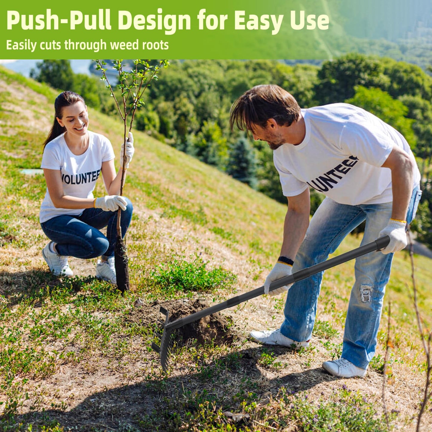 Garden Hoe and 12-Tine Rake 76.8" Stirrup Hoe Heavy Duty 2-in-1 Garden Tool Adjustable Long-Handle Garden Cultivator Durable Weed Puller for Ditching, Weeding and Loosening Soil