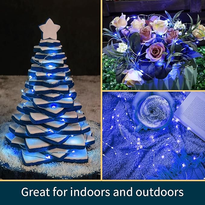 LAMPHOME 100 LED Blue Fairy Lights Battery Operated, Mini Battery Powered Copper Wire Starry String Lights,Light Length 32.5Ft, Multi Functions & Timer, with Remote Indoor/Outdoor use