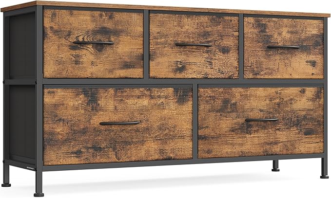 SONGMICS Dresser for Bedroom, Chest of Drawers, TV Stand, Steel, MDF, 5 Non-Woven Fabric Drawers, Storage Organizer Unit, Closet, Entryway, Rustic Brown and Ink Black ULGS322B02S