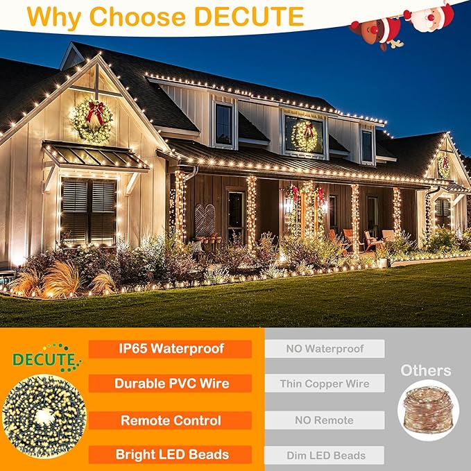Decute 300LED Christmas String Lights Outdoor Waterproof 105FT UL Certified with End-to-End Plug 8 Modes, Warm White Indoor Starry Fairy Lights for Christmas Tree Patio Garden Wedding Party Decor