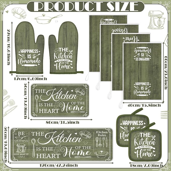 10 Pcs Farmhouse Kitchen Decor and Accessories Set 4 Kitchen Towels 2 Pot Holders 2 Oven Mitts 2 Rugs for Cooking Baking Mom Housewarming Gifts(Sage Green,Classic Style)