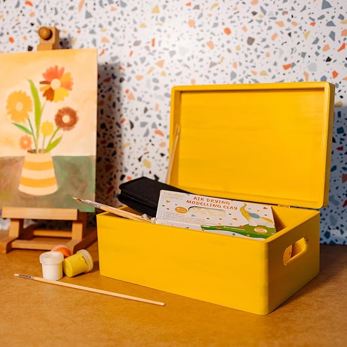 Large Yellow Wooden Box Storage with Hinged Lid | 11.8 x 7.87 x 5.51 inches (+-0.5) | with Handles | Gift Box for Tool Dog Toy Shoes Clothes Kitchen Storage | Wood Keepsake Chest