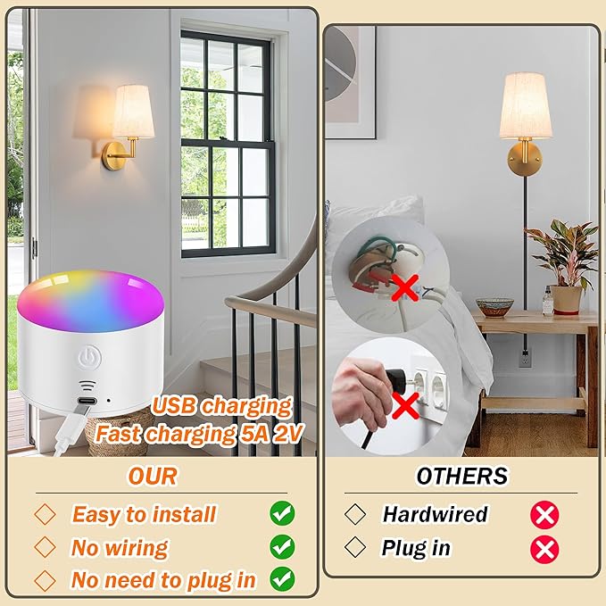 Wall Sconce Battery Operated Wall Light Fixure with Remote Control, Dimmable Battery Operated Wall Sconces Set Of Two, Indoor Wireless Wall Mounted Lamp with Rechargable Bulb For Bedroom Living Room (