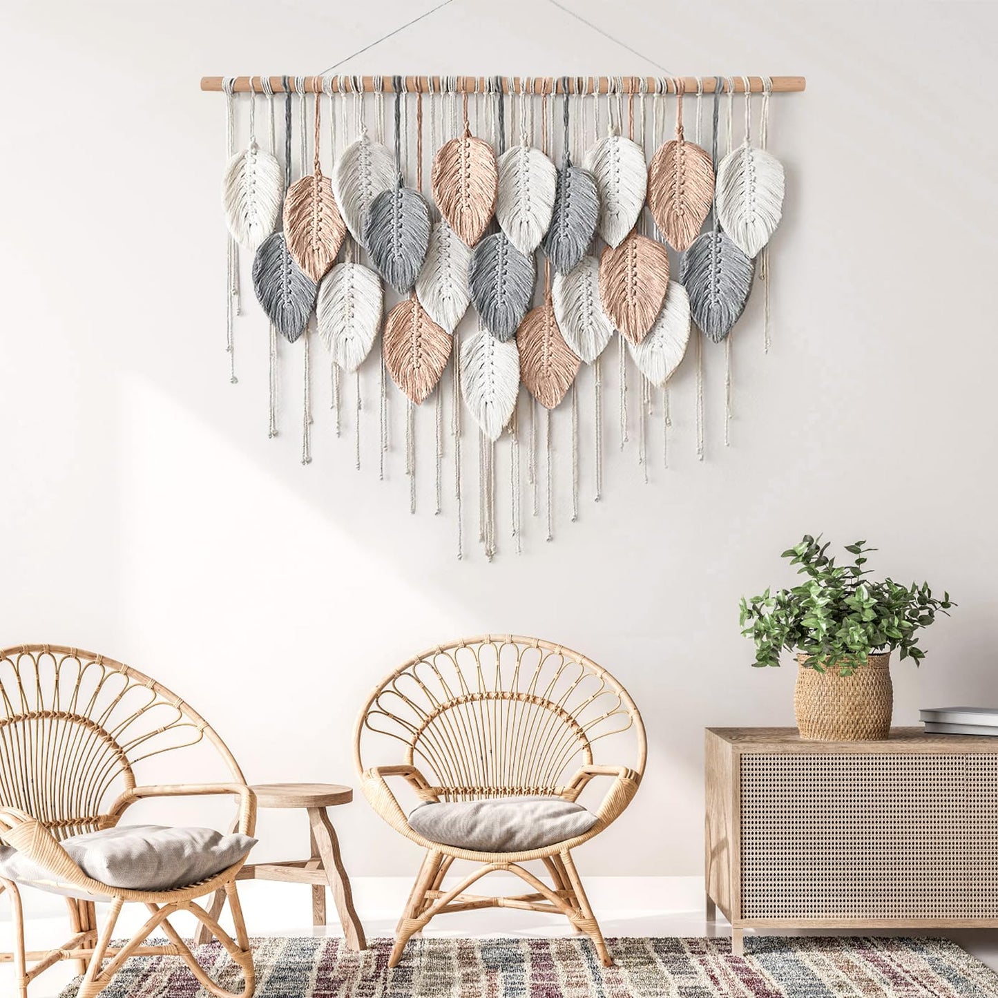 Alynsehom Large Macrame Wall Hanging, Boho Woven Tapestry, Chic Modern Bohemian Handmade Leaf Feather Wall Art Home Decor for Apartment Dorm Living Room Bedroom Nursery Backdrop (39" W X 29.5"" L)"