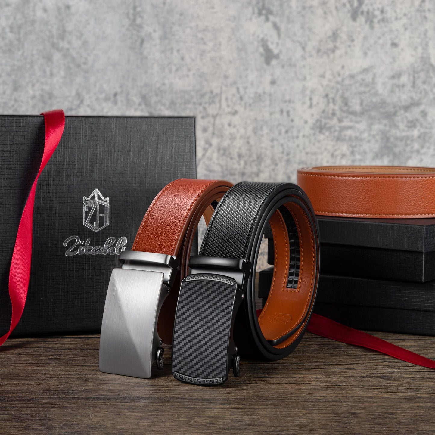 Zitahli Ratchet Belt for Men - 2 Packs Leather Mens belt For Gift Men Dress and Casual,Trim to Fit Size 34"-48"