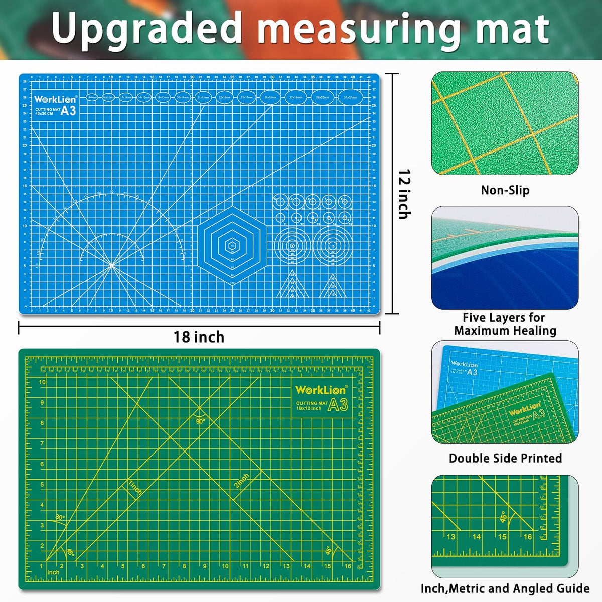 WORKLION 12" x 18" Art Self Healing PVC Cutting Mat, Double Sided, Gridded Rotary Cutting Board for Craft, Fabric, Quilting, Sewing, Scrapbooking Project……
