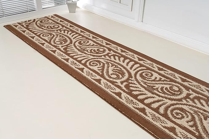 Custom Length Cut to Size Tribal Ethnic Southwestern Inspired Hallway Runner Rug, Non Slip Rubber Backed, 31 inch Wide X Customized Length, Mayan Brown, 31 inch X 7 feet