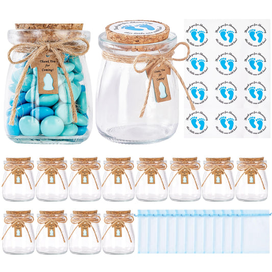 KIVIVO 12 Pcs Baby Shower Party Favors for Guests, Baby Shower Gifts for Guest, 3.4 oz Small Glass Mason Jars with Cork Lids, Stickers, Label Tags, Twine, Organza Bags, Mini Candy Jar Favors for Boy