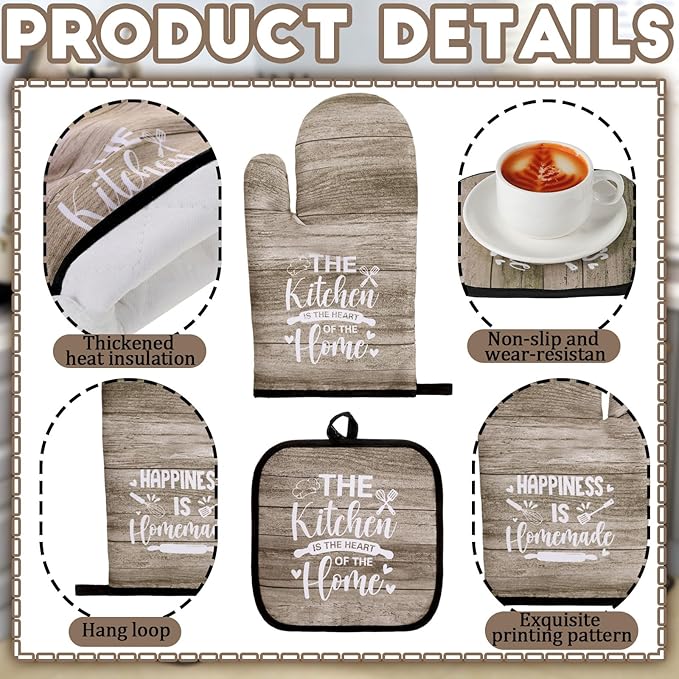 Fourluoo 10 Pcs Farmhouse Kitchen Decor and Accessories Set 4 Kitchen Towels 2 Pot Holders 2 Oven Mitts 2 Rugs for Cooking Baking Mom Housewarming Gifts(Brown,Classic Style)