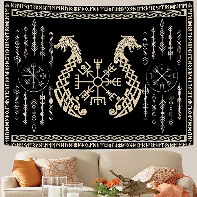 OSUNBD Nordic Vikings Tapestry, Large 9371 inches Soft Flannel, Vegvsir Symbol Twins Dragons Celtic Rune Scandinavian Aesthetic Mythology Tapestry Wall Hanging for Bedroom Living Room Decor