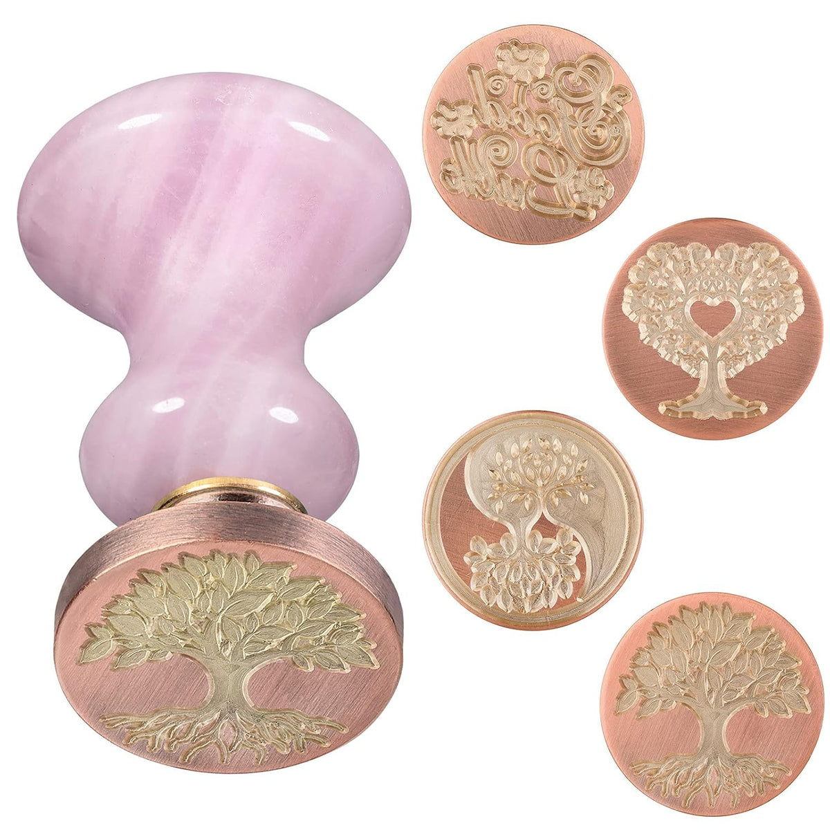 rockcloud Wax Seal Stamp Set, 4 Pieces Sealing Wax Stamps Copper Seals with 1 Rose Quartz Seal Handle for Cards Envelopes Invitation Decoration, Tree of Life