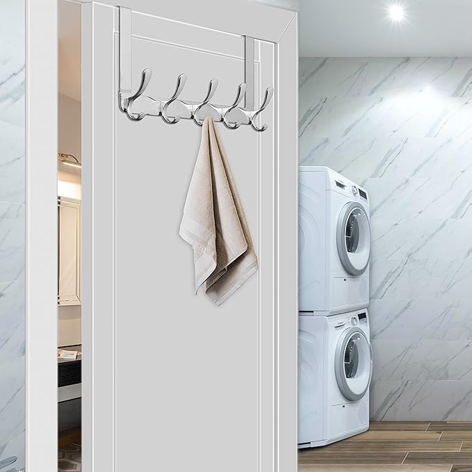 WEBI Over The Door Hook 5 Coat Hooks,Over The Door Towel Rack,Door Hanger Coat Rack Towel Hanger for Hanging Coats,Clothes,Bathroom,White,2 Packs
