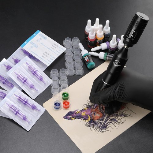 Black Tattoo Gun Machine Kit - Cordless Tattoo Gun Kits, Rotary Tattoo Pen Set with 2 Batteries, Tattoo Supplies Set with 20Pcs Needles for Beginners Artists (Black-82Pcs)