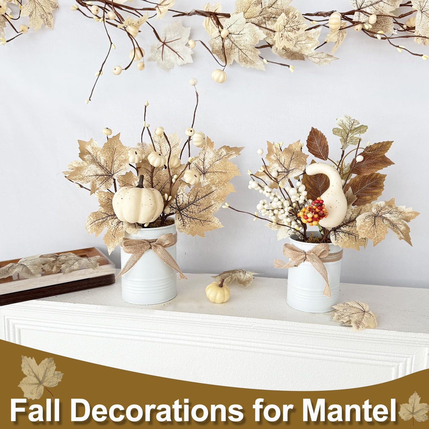 2 Pack 12" Thanksgiving Decorations Thanksgiving Centerpieces for Dinner Table Potted White Maple Arrangement in Metal Pot White Pumpkin Berried Autumn Thanksgiving Table Decor for Home Kitchen Office"