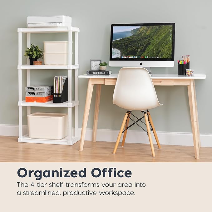 IRIS USA 4-Shelf Light Duty Plastic Storage Shelves, 200lb Capacity, 48" H x 24" W x 12" D, Medium Modular Shelving Unit Storage Organizer for Bathroom, Laundry, Garage & Home, Storage Rack - White