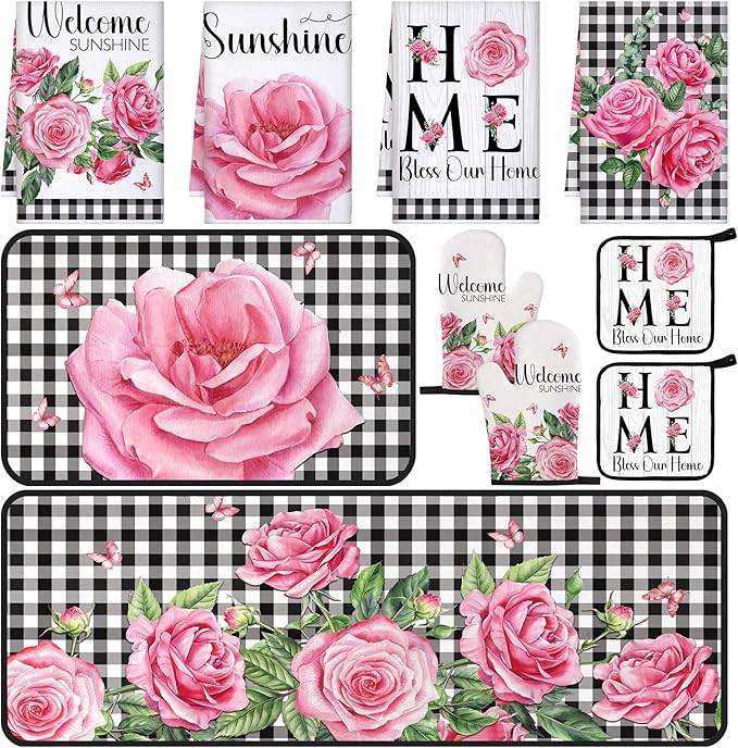 Fourluoo 10 Pcs Kitchen Set Kitchen Towels and Rugs Oven Mitts and Pot Holders Farmhouse Decor for Women Mom Gift Cooking Baking Grilling