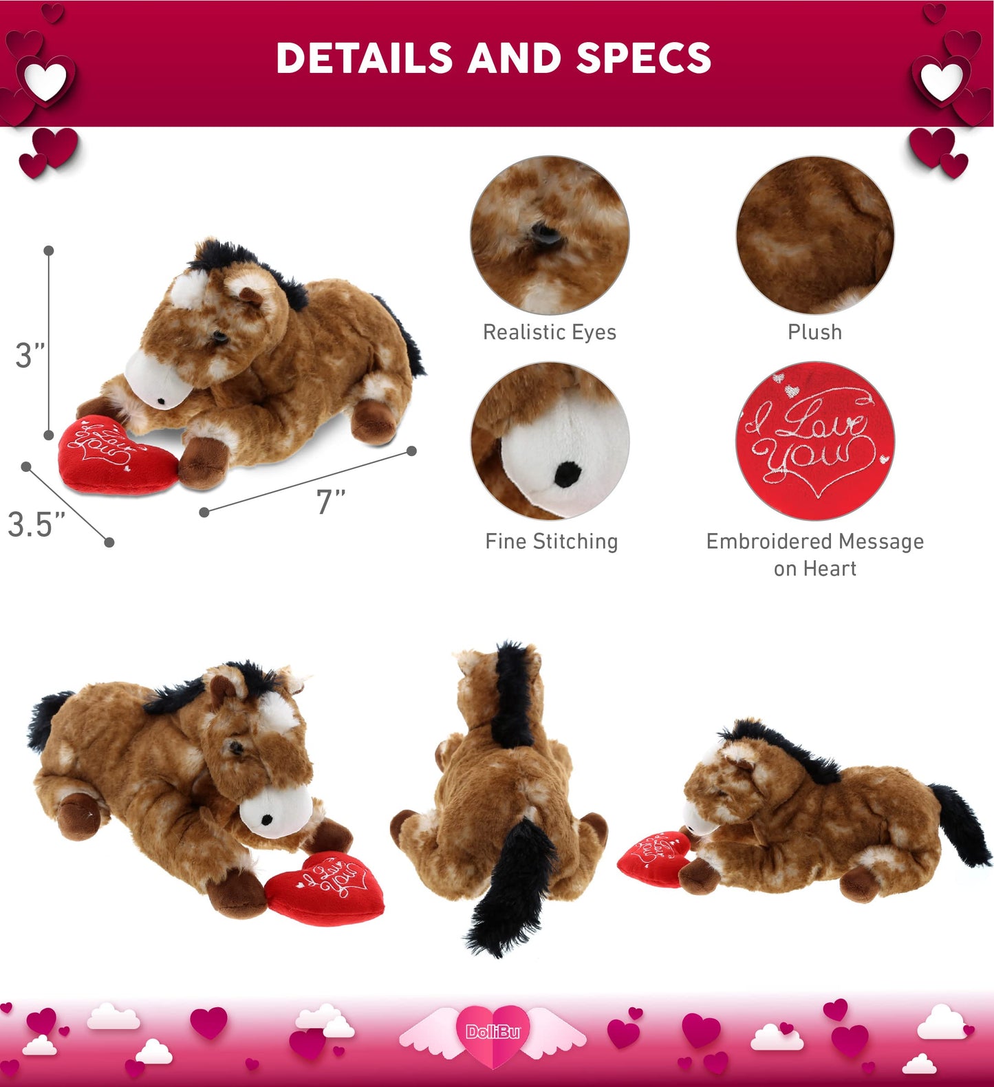 DolliBu I Love You Valentine Plush Lying Brown Horse - Cute Stuffed Animal with Red Heart and Name Personalization Gift for Valentines Day, Birthday, Anniversary, Romantic Date - 10.5 Inches