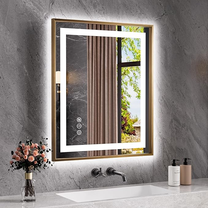 Amorho 36"X30" LED Bathroom Mirror Gold, Metal Framed Mirror with Front Light and Backlit, Stepless Dimmable, Anti-Fog, Shatter-Proof, Memory, 3 Colors