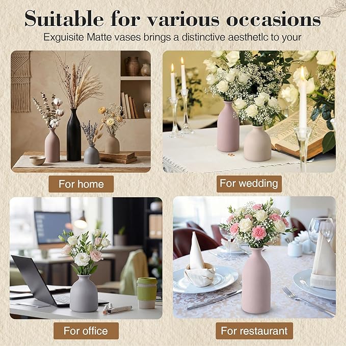 Dandat Brown Ceramic Vase Set of 4, Modern Decorative Ceramic Vases Rustic Pottery Centerpiece Table Decor for Farmhouse Bouquet Pampas Grass Dried Fresh Flowers, Living Room, Kitchen, Bedroom