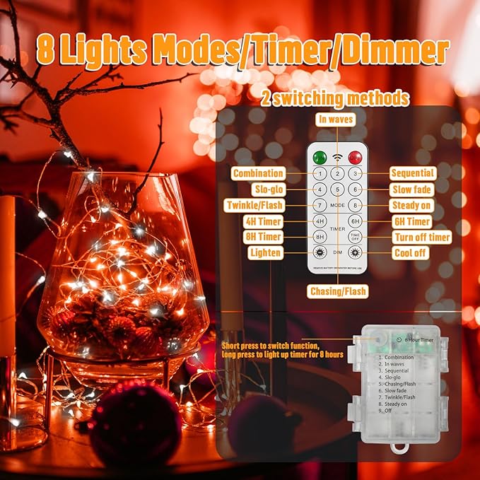 LAMPHOME 100LED String Light, Fairy Lights Battery Operated, Remote Control Timer Twinkle String Lights 8 Modes Firefly Lights for Garden Party Indoor Decor (White+Red)