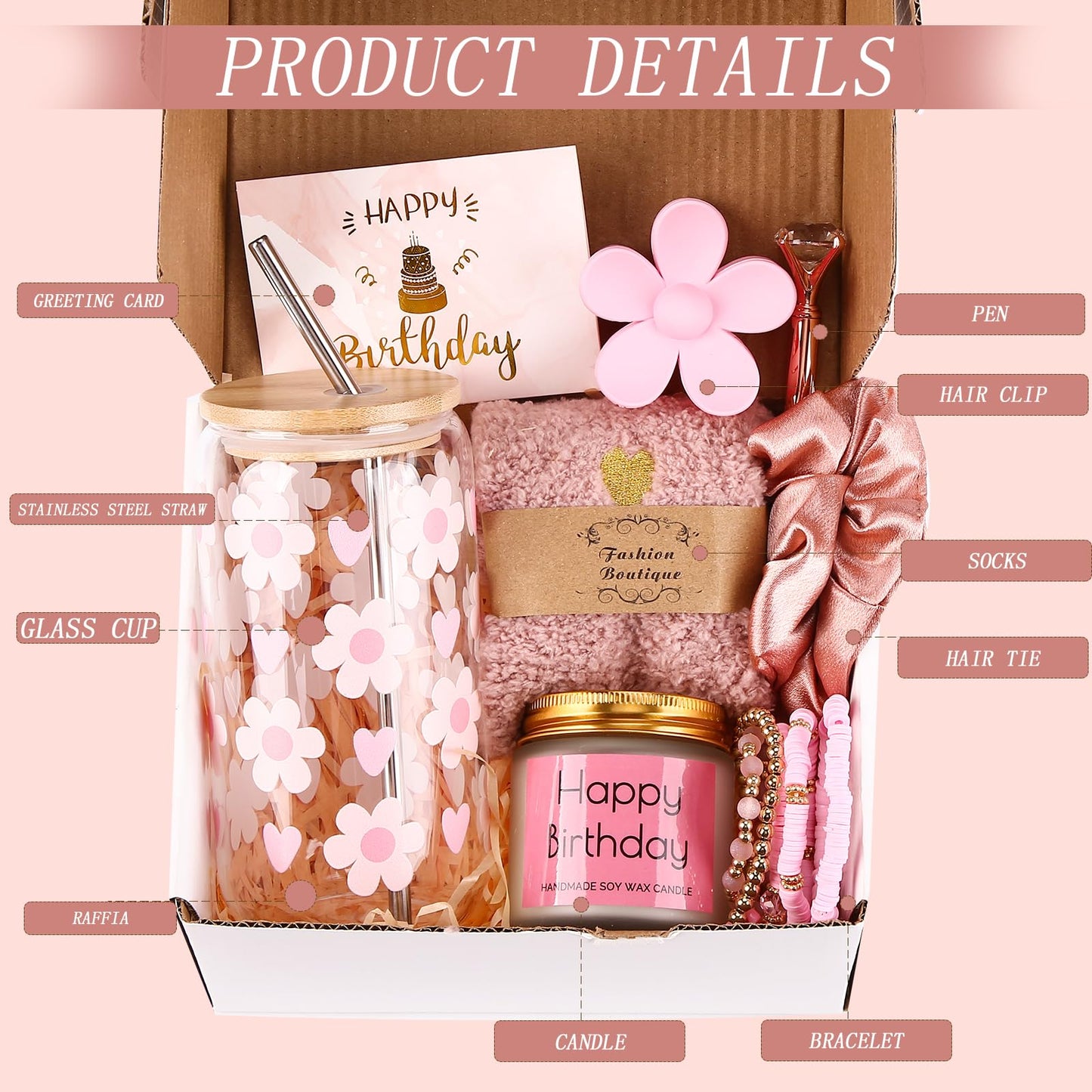 Birthday Gifts for Teen, Cute Inspirational Gift Daisy Presents Set Ideas for Sister Daughter Friends, Happy Birthday Gift Basket with Ice Glass Cup for Her (Pink)