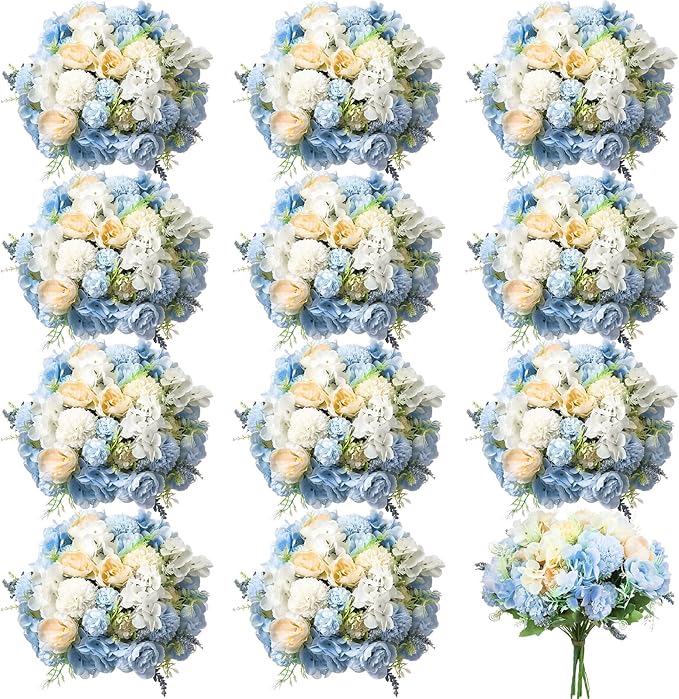 Tigeen Artificial Flowers Artificial Peonies Silk Flowers Faux Peony Fake Peony Silk Hydrangea Bouquet for Wedding Table Centerpiece Floral Vase Decor(White,Blue,12 Bundles)