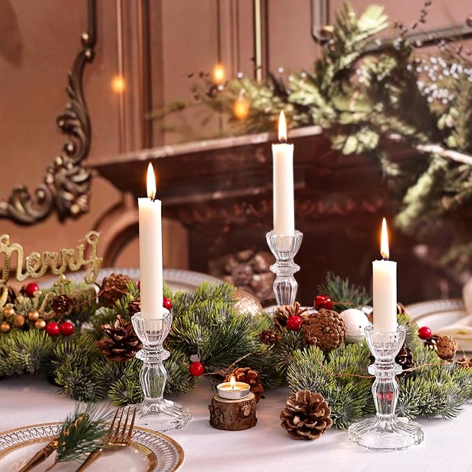 Glass Candlestick Holders Set 6PCS, Clear Taper Candle Holders Bulk, Crystal Tall Candle Holder for Table Centerpieces, Fall, Christmas, Autumn, Thanksgiving Decor