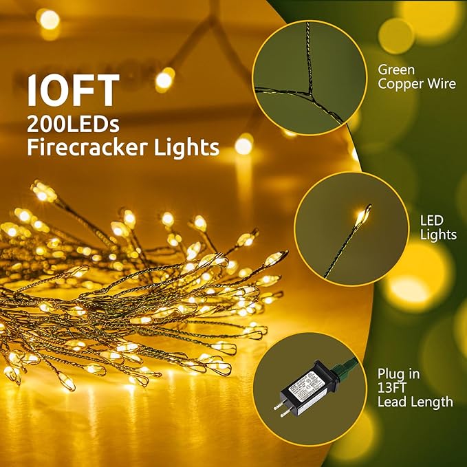 Fairy Lights Plug in, 17 Ft 200LED Twinkle Firecracker String Lights, 8 Lighting Modes Green Wire Cluster Light for Bedroom Indoor Outdoor Garland Patio Garden Wedding Christmas Decoration, Warm White