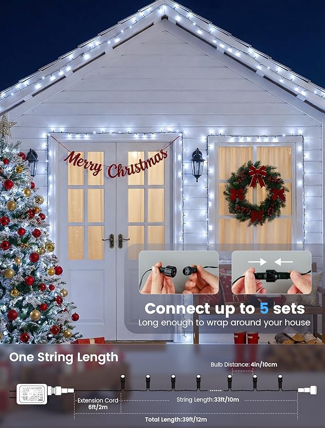 Hopolon White Christmas Lights Outdoor, 33 FT 100 LED Connectable Christmas Tree Lights Green Wire with Remote, 8 Modes Waterproof Plug in Twinkle String Light for Indoor Wedding Party Xmas Decor