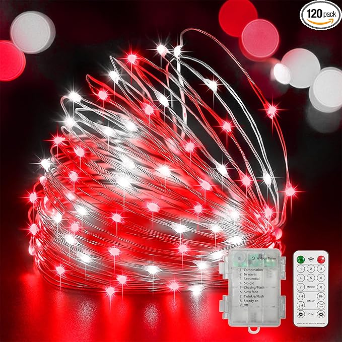 LAMPHOME 100LED String Light, Fairy Lights Battery Operated, Remote Control Timer Twinkle String Lights 8 Modes Firefly Lights for Garden Party Indoor Decor (White+Red)
