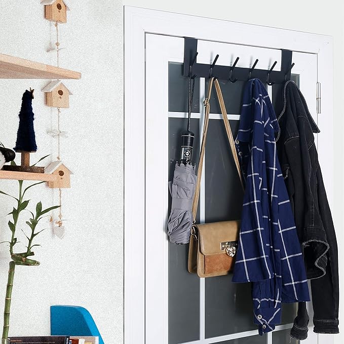 WEBI Over The Door Hooks Door Hanger:Over The Door Towel Rack with 6 Coat Hooks for Hanging,Towel Hanger Door Coat Hanger Door Coat Rack for Towels,Jacket,Clothes,Back of Bathroom,Black