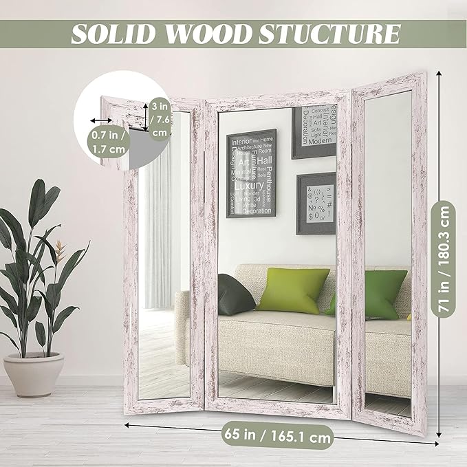Houseables Full Length Mirror, Trifold Body Mirrors, 71x32-65 Inch, White, Extra Large, Oversized, 360, 3-Way, Standing Floor, Wood Framed, Farmhouse, Rustic, 3 Sided for Bedroom, Dressing, Makeup
