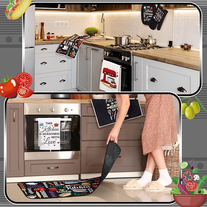 Fourluoo 10 Pcs Farmhouse Kitchen Decor and Accessories Set 4 Kitchen Towels 2 Pot Holders 2 Oven Mitts 2 Rugs for Cooking Baking Mom Housewarming Gifts(Bright Color, Novel Style)