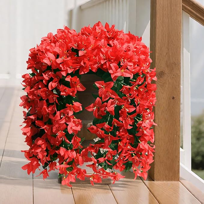 NESCCI Bougainvillea Artificial Flowers Plants for Outdoor Outside Fall Autumn Decor, 2 PCS Faux Silk Long Trailing Vines UV Resistant Fake Flowers for Front Door Porch Planter Urn Patio