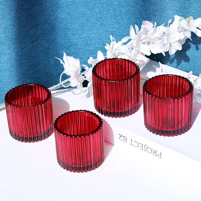 VOHO Red Votive Candle Holders for Christmas Valentines Day Decoration, Vintage Ribbed Tea Lights Candle Holder for Wedding, 6pcs Large Tealight Candle Holder for Votives Tea Lights(2.75'' x 2.56'')