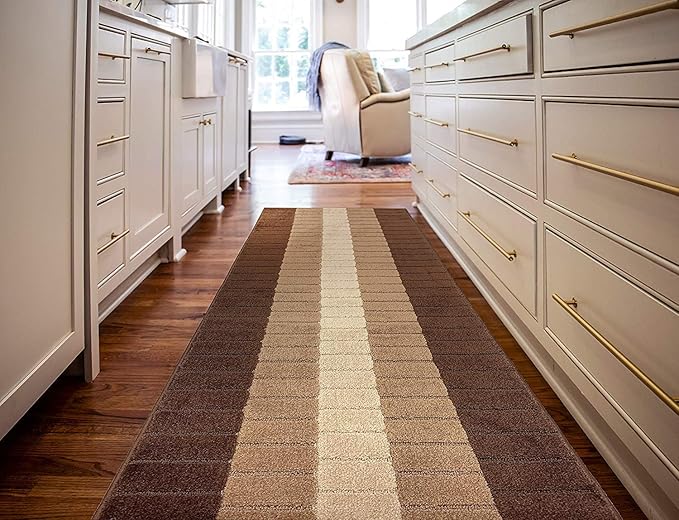 Custom Size Modern Geometric Pattern Carpet Runner Rug for Hallways, Slip Resistant Latex Rubber Backed, 31 inch Wide X Customized Length, Squares Brown, 31 inch X 17 feet