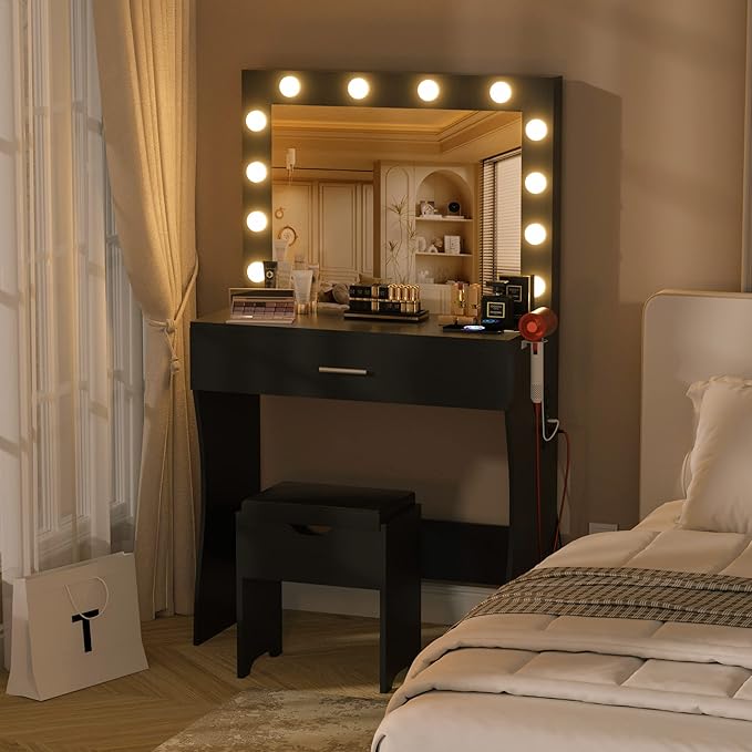 Vanity Table Set with Lighted Mirror - Makeup Vanity with Charging Station, Large Drawer Sturdy Wood Vanity with Lights, 3 Color Modes, Adjustable Brightness，Black