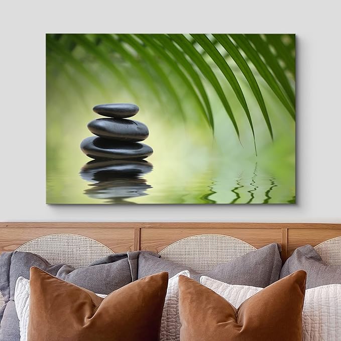 wall26 Canvas Print Wall Art Black Rocks on Seren Green Tropical Lake Floral Nature Photography Realism Bohemian Scenic Relax/Calm Cool for Living Room, Bedroom, Office - 16"x24"