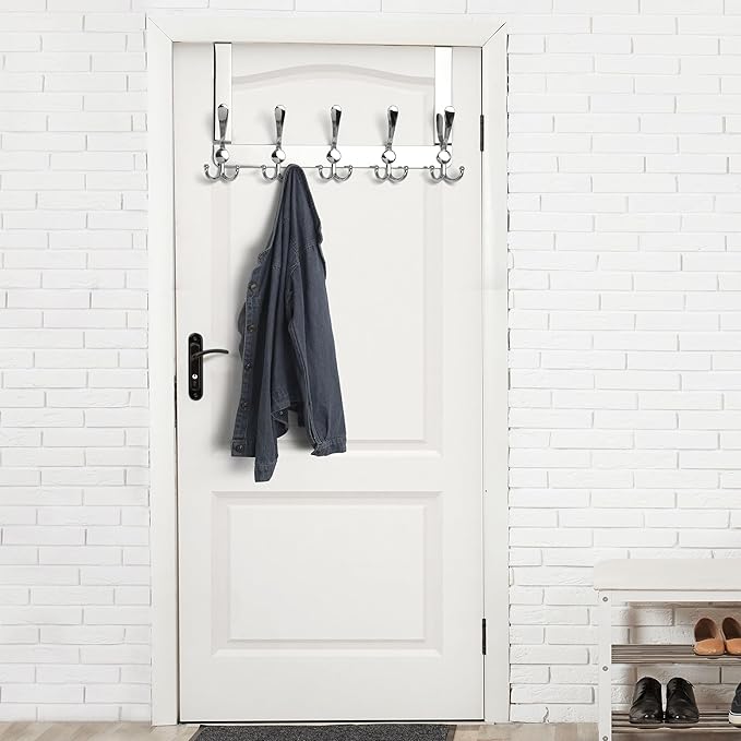 Dseap Over The Door Hook Hanger - Fits 1 3/8" to 1 3/4" Standard Doors | 5 Tri Hooks Heavy Duty Towel/Coat Rack | Door Organizer for Clothes, Jackets, Hats, Towels, Chromed