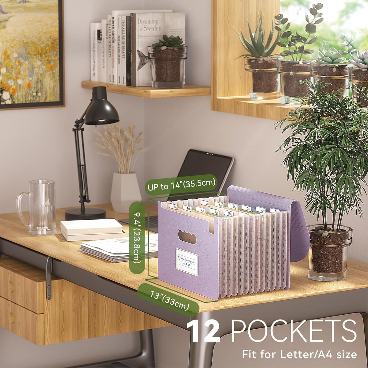 Accordion File Organizer, 13 Pockets Wheat Straw Expanding File Folder, Portable Monthly Paper Bill Tax Receipt Organizer, Letter A4 Size Document Holder with Colorful Tab-Lavender Purple