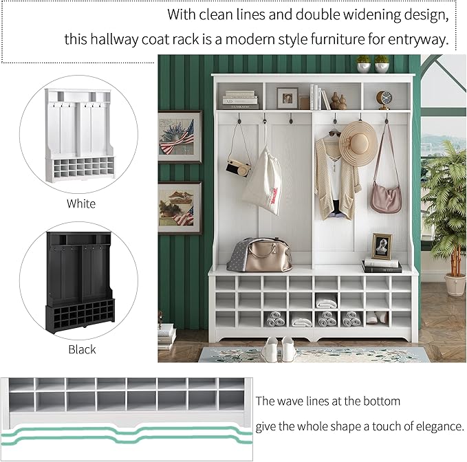 RUNNA Stylish Versatile 60" Wide Coat Rack with Metal Black Hooks and 24 Shoe Cubbies,Hall Tree with 3 Top Shelves and Bench,for Hallway Entryway Mudroom Use (White@e)