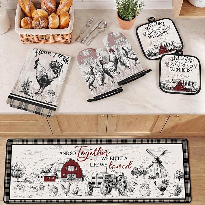 Rooster Kitchen Decor Set 10 Piece - Farmhouse Chicken Red Barn Kitchen Mats, Towels, Oven Mitts and Pot Holders - Primitive Country French Style Home Decoration