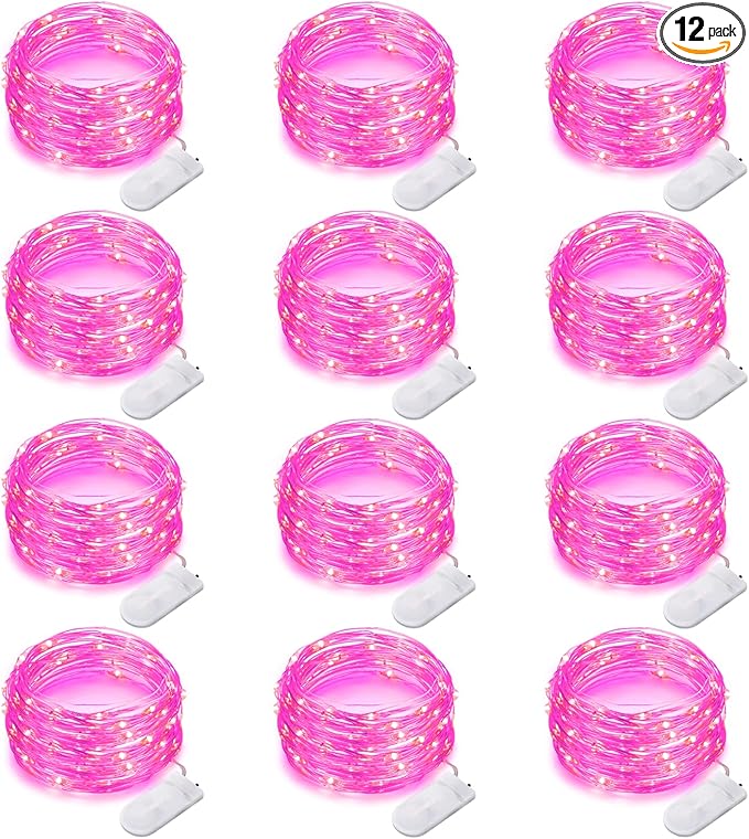 12 Pack Fairy Lights Battery Operated String Lights 7 Feet 20 Led Waterproof Christmas Lights Silver Wire Firefly Starry Moon Lights for Bedroom DIY Party Pink…