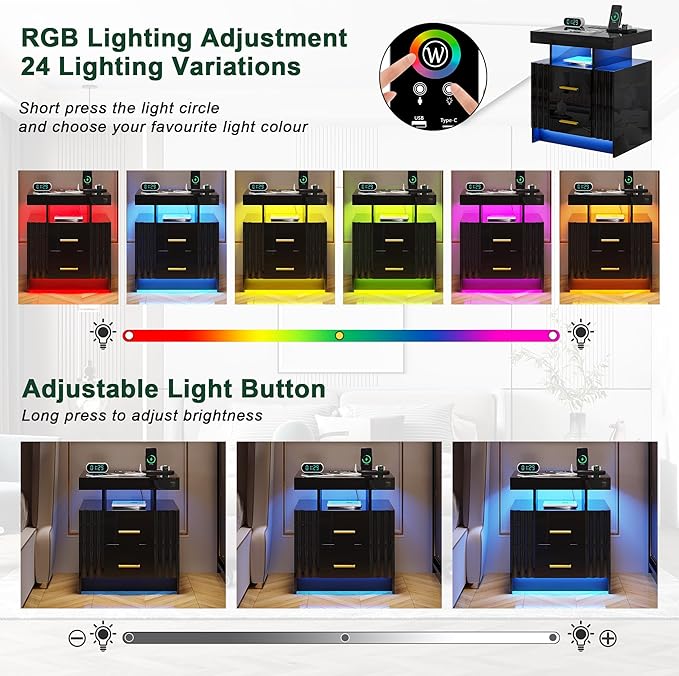 Nightstand with Wireless Charging Station,Set of 2 Bedroom Bedside Table with RGB Lights, Smart Night Stand with 2 Drawers, Bedside Tables Modern Bedside Table for Bedroom, Living Room(Black)