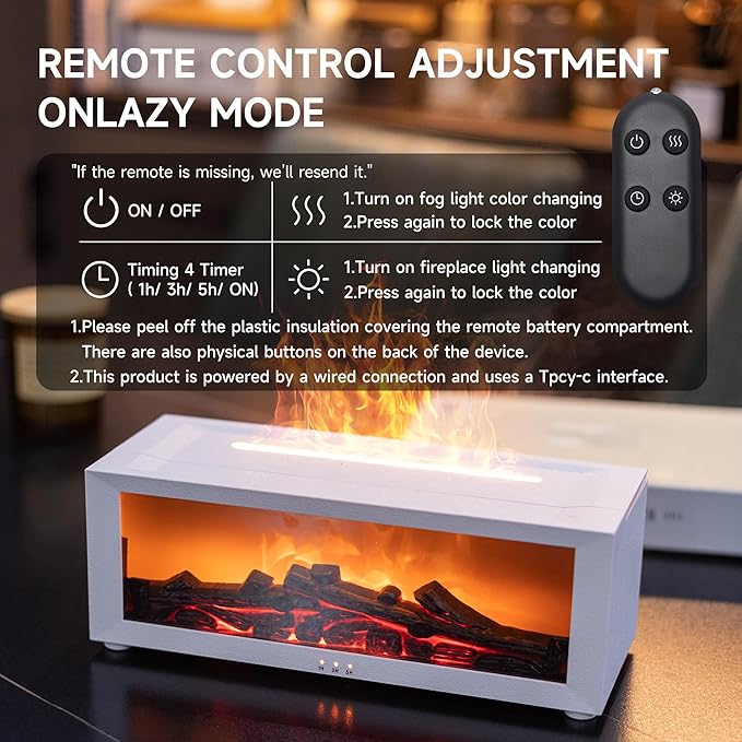 Fireplace Flame Air Diffuser Humidifier,7 Colors Aromatherapy Essential Oil Diffuser,Ultrasonic Aroma Humidifier with Timer for Home,Bedroom,Office,Yoga (White, L)