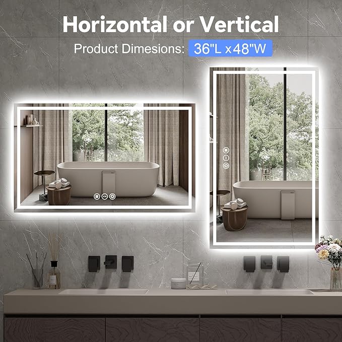 LED Bathroom Mirror 36x48 Inch Anti-Fog Bathroom Mirror with Lights, Wall Mounted Lighted Vanity Mirrors, Dimmable, Backlit + Front Lit, Smart Bathroom Vanity Mirror with 3 Colors Temperature