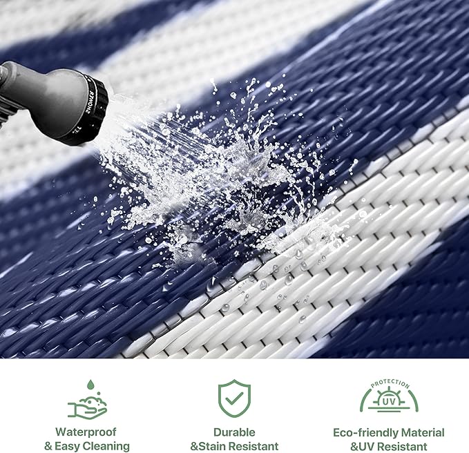 GENIMO Outdoor Rug Waterproof for Patio Decor, 6'x9' Foldable Reversible Plastic Straw Carpet for Travel Trailers, Outside Area Mat for Rv, Deck, Picnic, Porch, Camper, Balcony, Beach, Blue & White