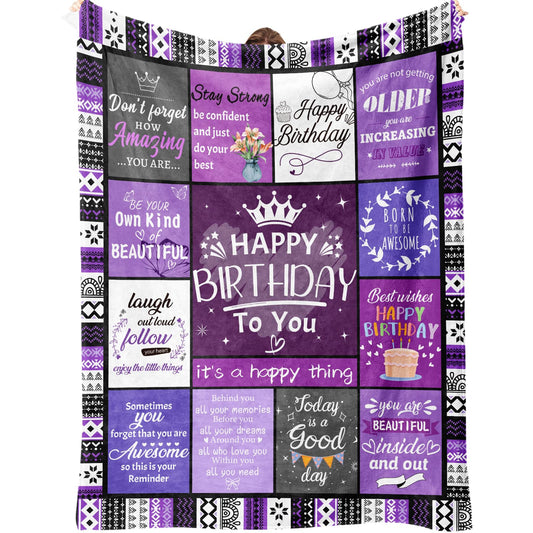 Ueedklaayy Happy Birthday Gifts for Women, Purple Gift for Women Birthday, Bday Gift for Woman Friendship, Bday Gift for Best Friend Sister Mom, Purple Flannel Blanket 60"X50"